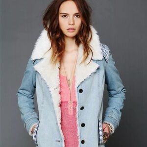 Free People Aztec Penny Lane Jacket-Women's Denim Jacket with Faux Fur Lining